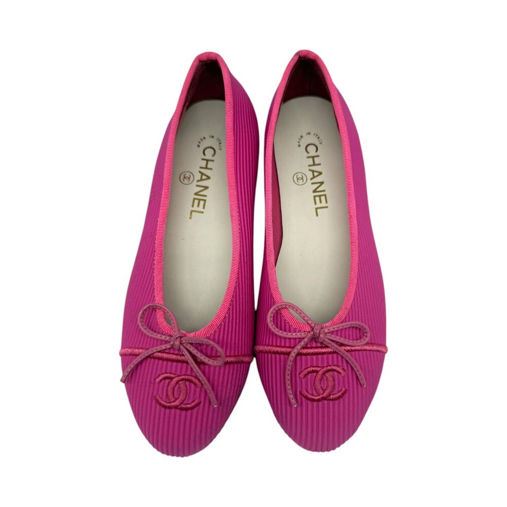 Chanel Bow Ballet Flats Pink  Fabric Interlocking CC Logo Women's Size 38C